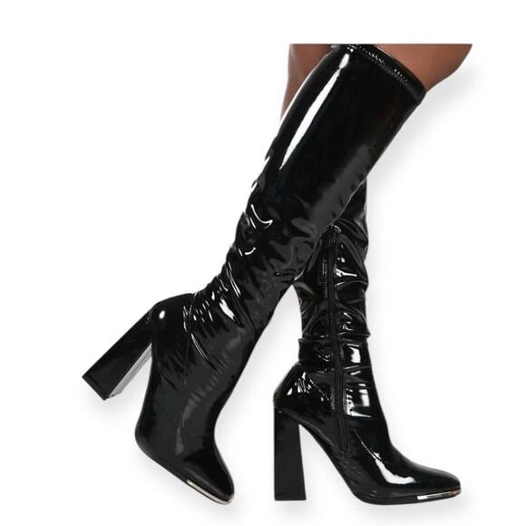 Public Desire Caryn Black Patent Wide High Block High Heel Boots Silver Tip Sz 6 - Picture 1 of 13
